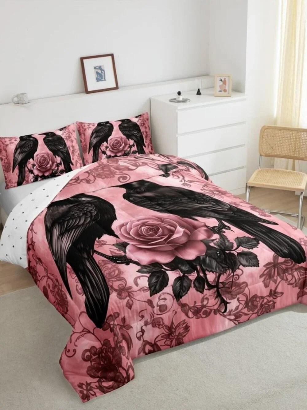 Crow Flowers Kids Comforter Queen,Vintage Country Wild Roses Bedding Set for Tee
